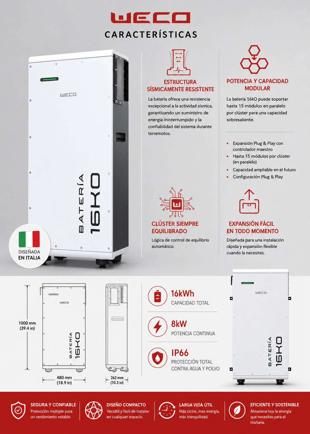WECO 16K0 - Batería de Litio de 51,2V - 16kWh con potencia constante de 8kW.