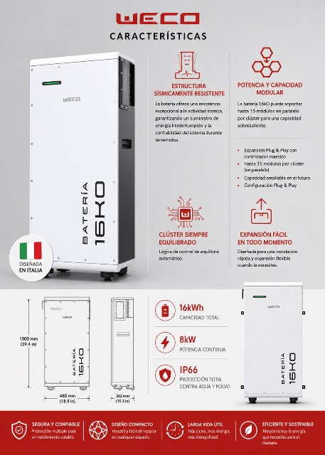 WECO 16K0 - Batería de Litio de 51,2V - 16kWh con potencia constante de 8kW.