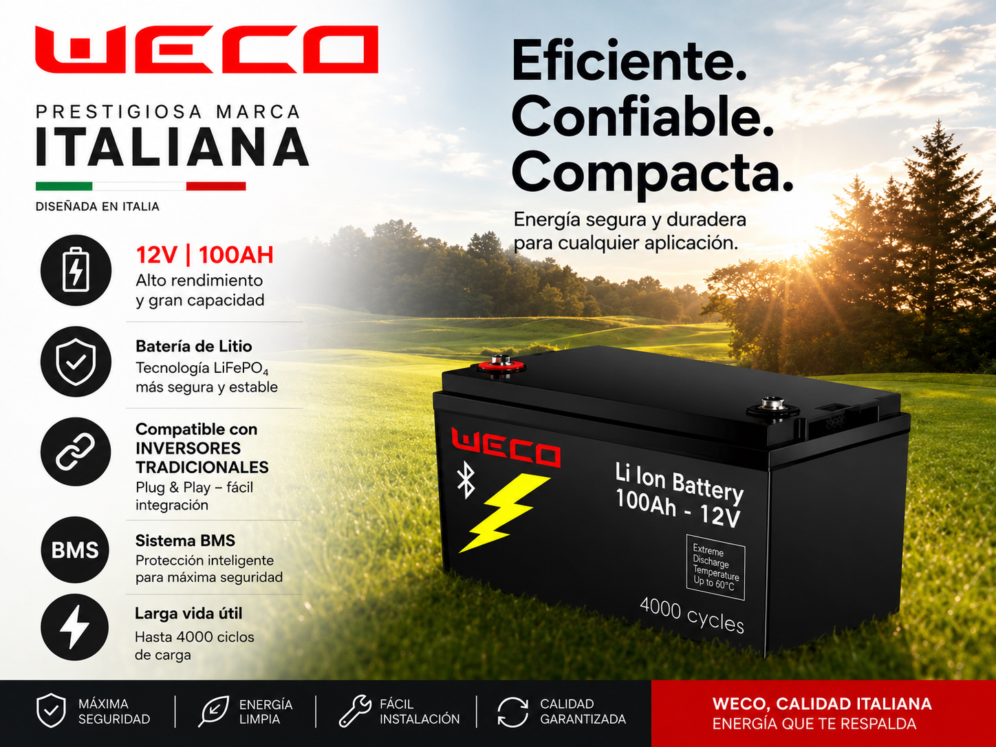Batería de litio WECO 12V / 100Ah (1,2kWh / 0,6kW)
