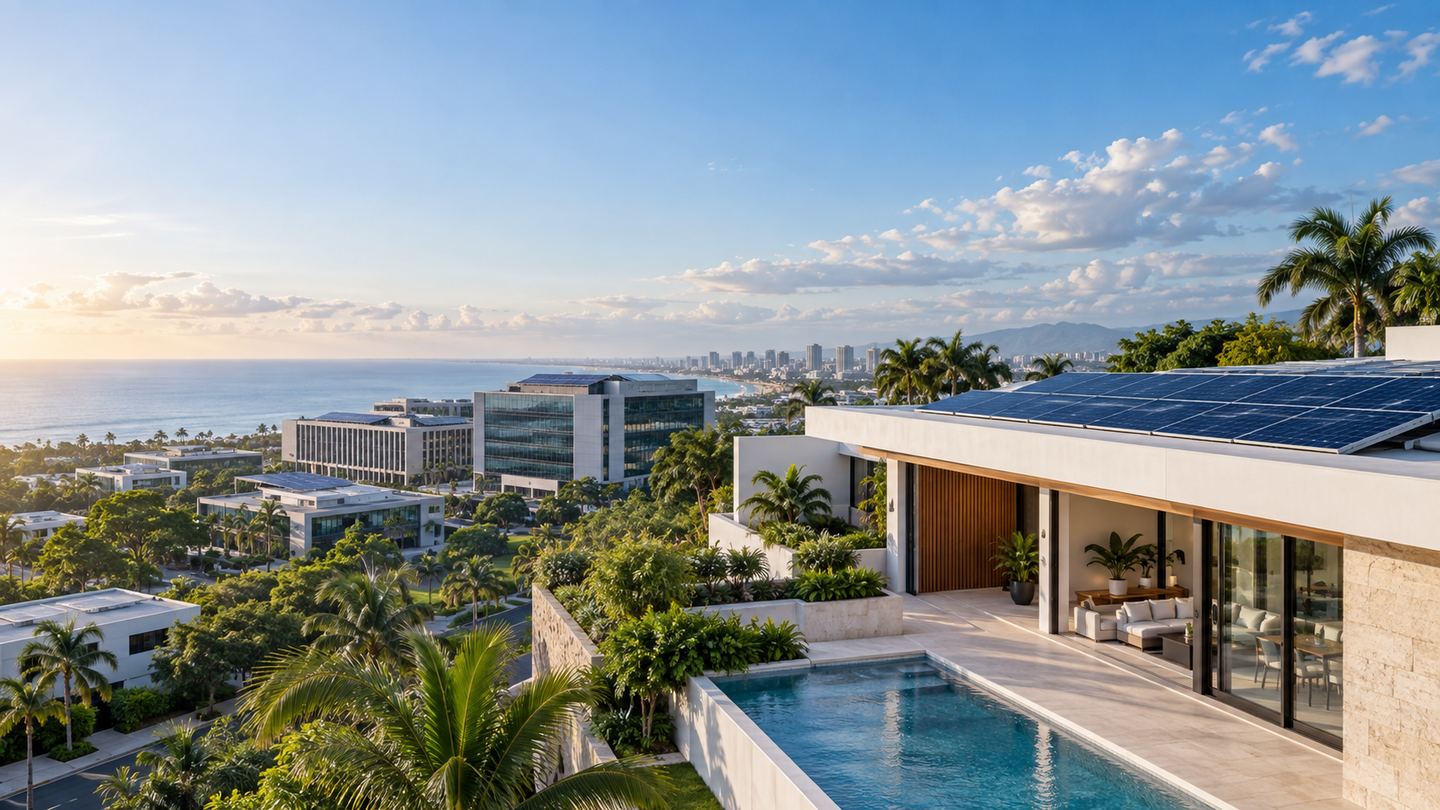 Residencia y edificio comercial con sistemas solares en un entorno urbano tropical