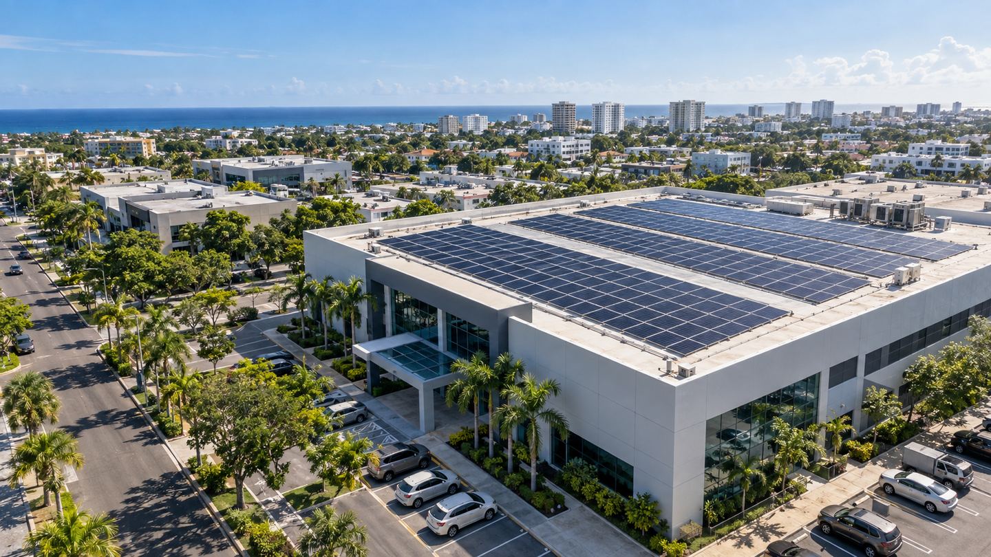 Sistema de paneles solares sobre un edificio comercial