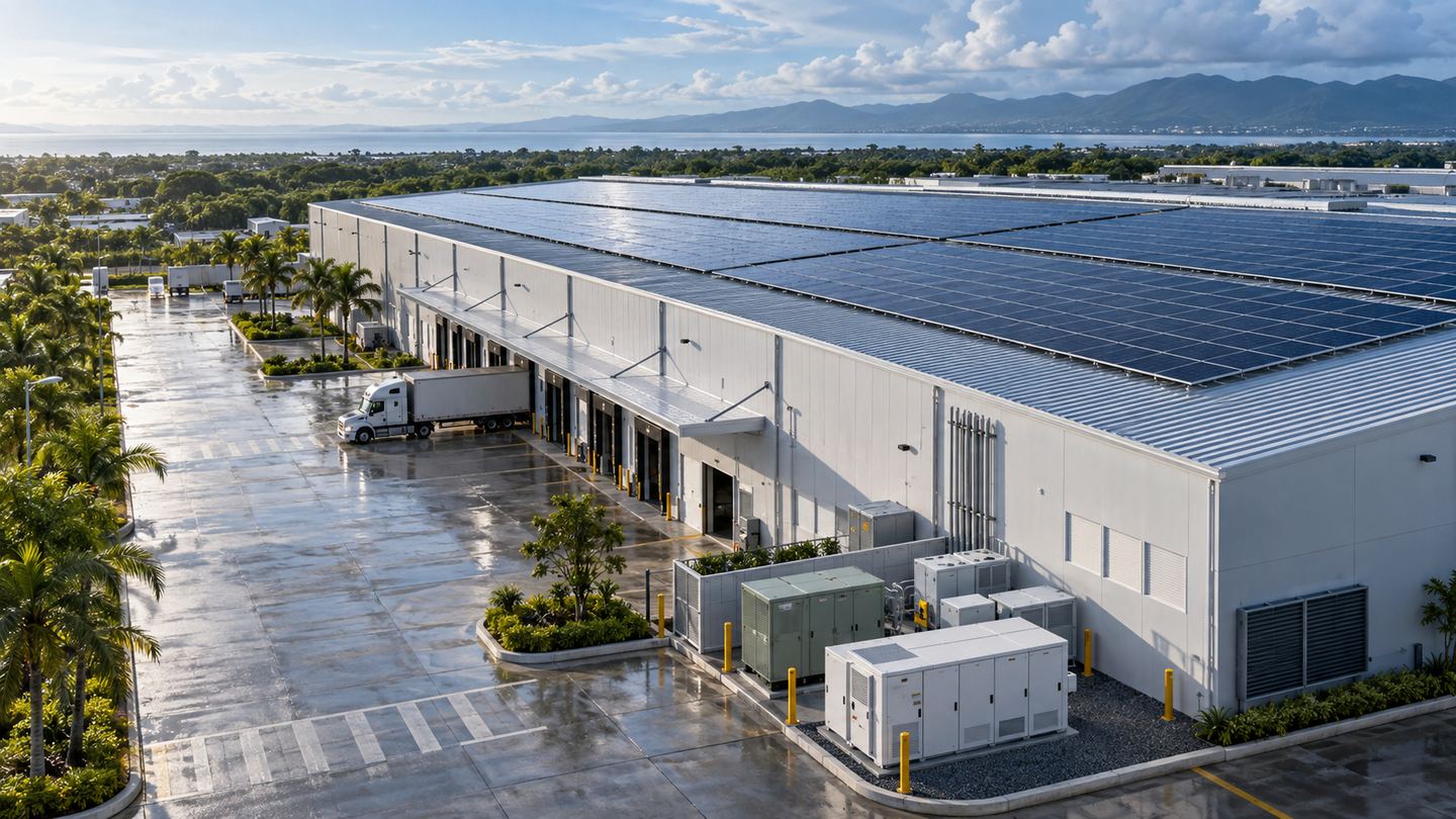 Planta solar sobre una nave industrial con infraestructura de respaldo energético