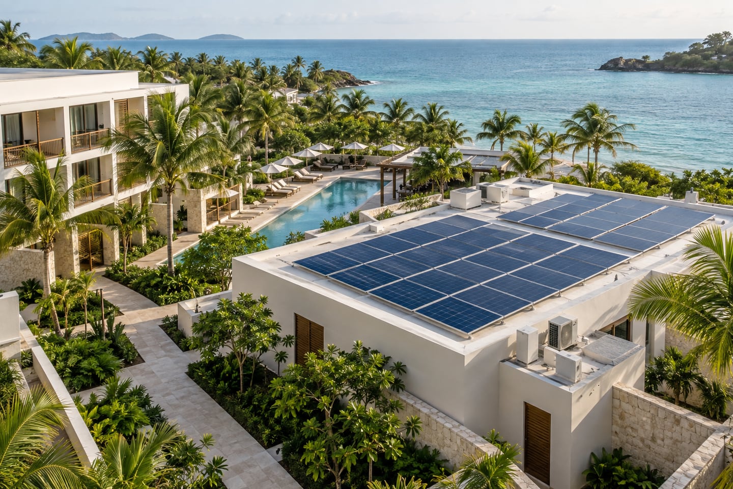 Imagen conceptual de una propiedad hotelera caribeña con paneles solares