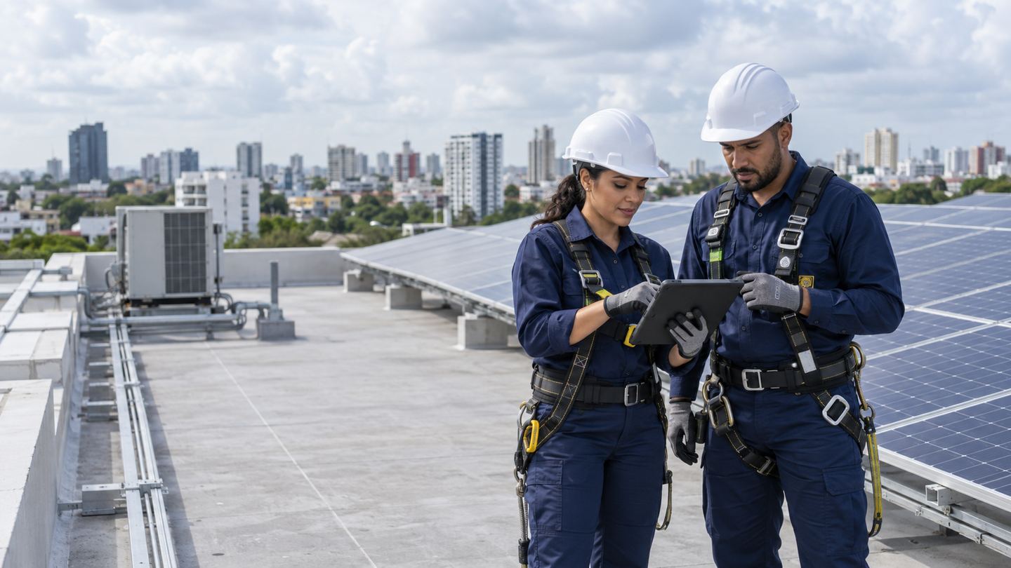 Ingenieros revisando una instalación solar sobre un edificio comercial