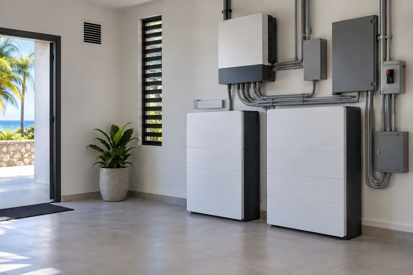 Sistema de baterías e inversor instalado en un cuarto técnico residencial