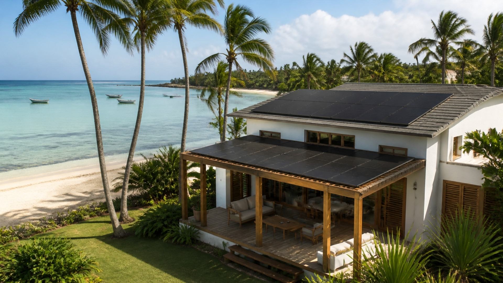 Immagine di esempio: villa con pannelli solari vicino al mare tranquillo di Bayahibe.