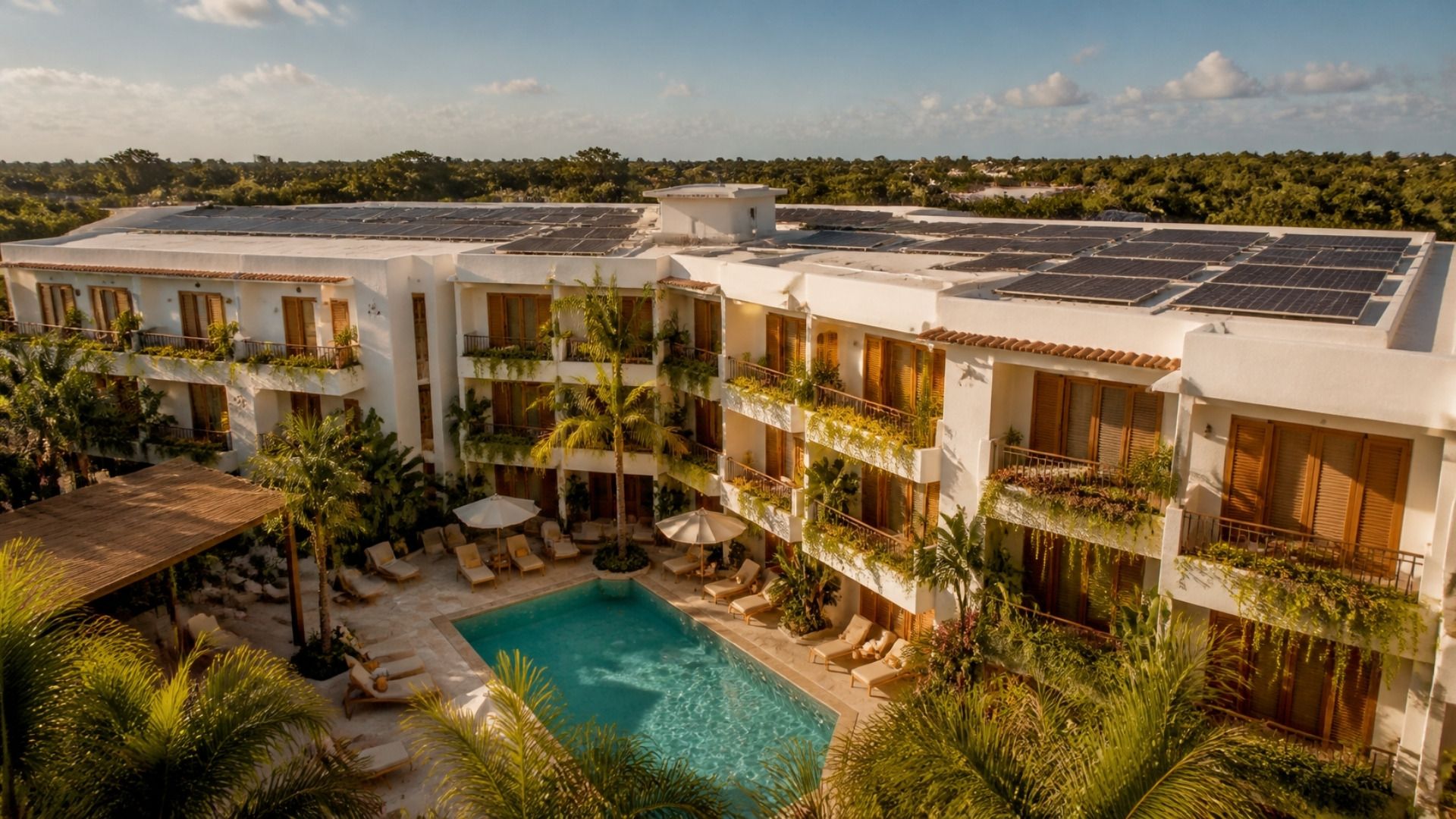 Example image: boutique hotel with solar panels in Punta Cana.
